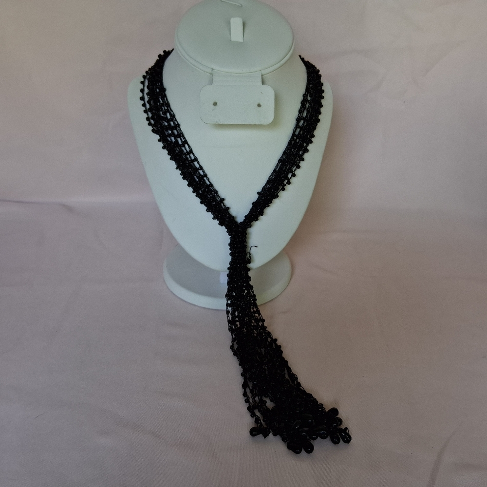 Multi Strand Beaded Glass Black Beaded Long Tassel Pendant Necklace Goth Elegant